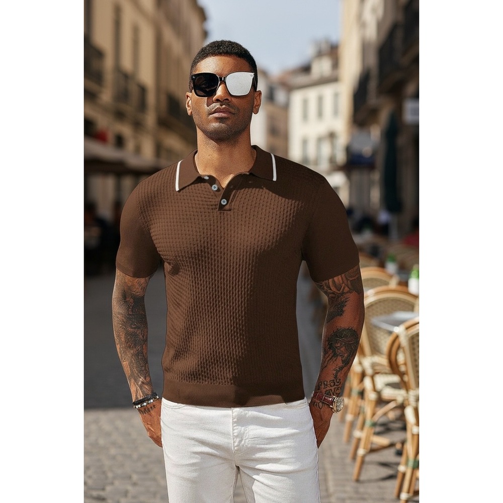 PJ Paul Jones Mens 2XL Brown Textured Knit Polo Shirt Short Sleeve Striped Trim